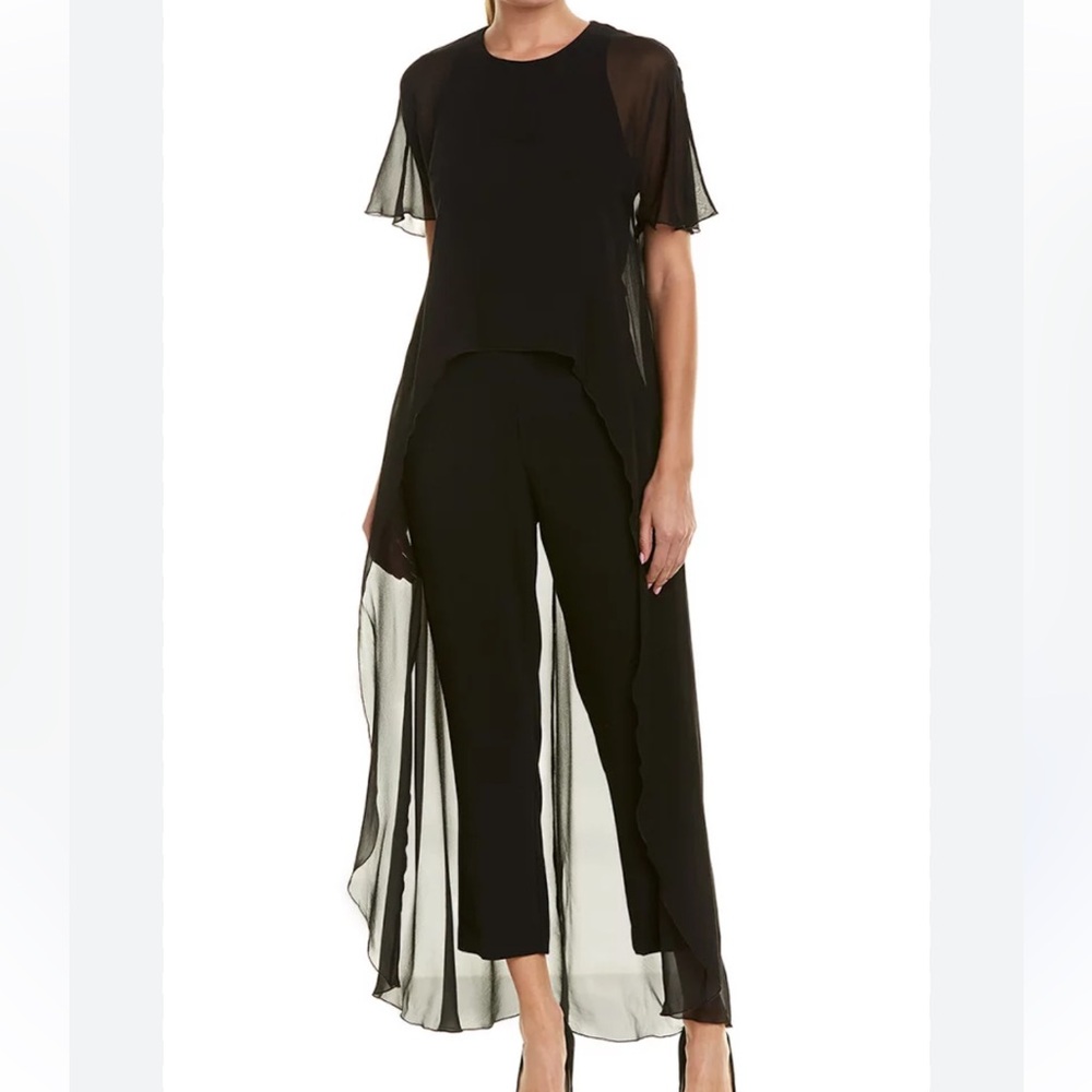 Trina Turk size 8 black silk‎ jumpsuit with sheer cape